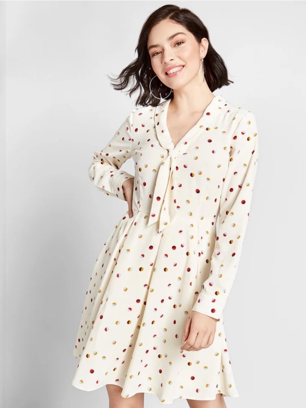 NWT ModCloth Tie-Neck Long Sleeve Dot Print Dress